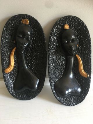 Vintage African Black Gold Chalkware Mid Century Mod Wall Plaque Set Of Two