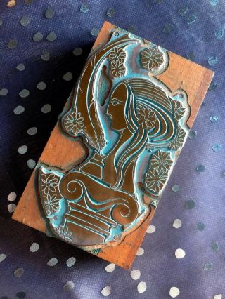 Vintage Wooden Letterpress Printing Block - Female Bust,  Flowers,  Feather Quill