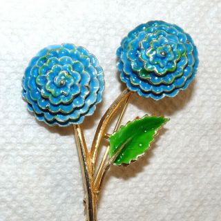Vintage Gold Tone Blue - Green Enamel Trembler Flowers Brooch/pin H107