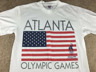 Vintage 1996 Atlanta Olympics Shirt L Hanes Team Usa American Flag White Hat