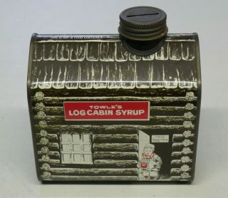 Vintage Towle ' s Log Cabin Syrup Tin Bank Advertising Promo Chimney Slot 1979 3