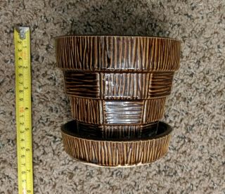 Vintage Mccoy Flower Pot Planter Art Pottery Basket Pattern 6 1/8 " Vgc