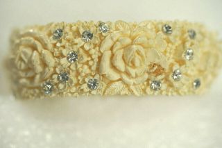 Vintage Carved Cream Celluloid Hinged Bracelet With Rhinestones & Rose Flowers