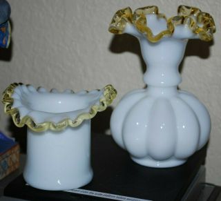 Vintage Fenton Gold Crest Double Crimped 6 " Melon Milk Glass Vase & Top Hat Vase