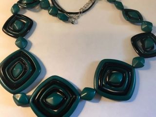 Vintage Mid Century Modernist Green & Black Long Lucite Abstract Necklace