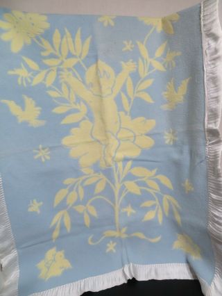 Vintage Esmond ? Reversible Baby Blanket Blue Yellow Baby On Flower