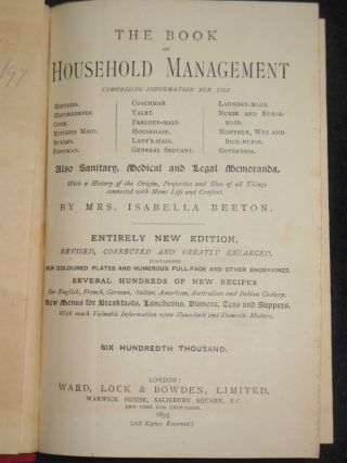 ISABELLA BEETON; The Book of Household Management (1895) Victorian Cooking/Cook 3