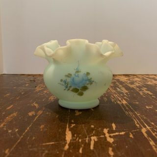 Vintage Fenton Hand Painted Blue Art Glass Vase Artist Signed