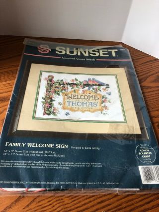 Dimensions Sunset Counted Cross Stitch Kit 13602 Family Welcome Sign Vtg 1995