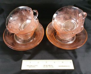 Vintage Pink Depression Glass 4 Saucers And 4 Cups,  Dogwood