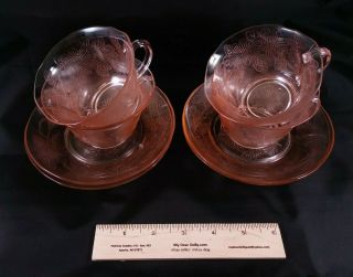 Vintage Pink Depression Glass 4 Saucers and 4 Cups,  Dogwood 2