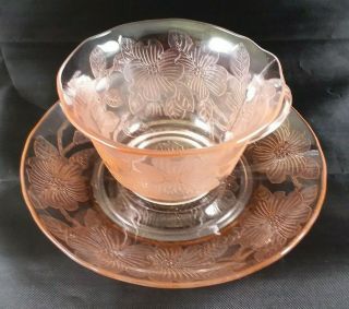 Vintage Pink Depression Glass 4 Saucers and 4 Cups,  Dogwood 4