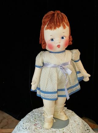 Adorable Vtg.  12 " Cloth Doll W Mask Face - Auburn Hair - Dotted Swiss Dress - Mollye?