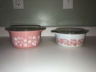 Vintage Pyrex Gooseberry Pink White Casserole Dishes 473 472 W/ 2 Lids