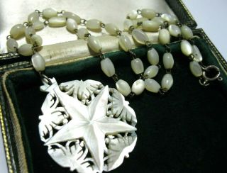 Vintage Jewellery Carved Real Mother Of Pearl Star Pendant Necklace