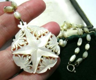 VINTAGE JEWELLERY Carved Real Mother of Pearl STAR Pendant NECKLACE 5