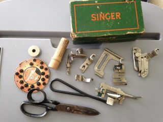 Vintage Singer Box With Various Sewing Machine Attachments,  Scissors,  Feet