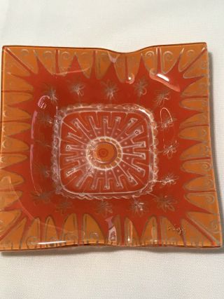 Vintage Higgins Mid - Century Modern Orange Art Glass Ashtray Signed