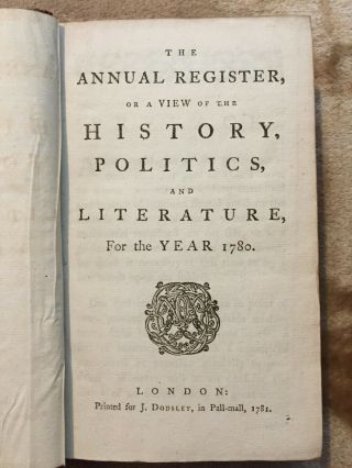 The Annual Register Of History,  Politics & Literature For 1780 - First Edition