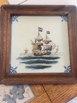 Vintage Royal Makkum Tichelaar Delft Tile Dutch Sailing Ship 5 "