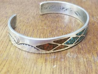 Vintage 70s Navajo Turquoise & Coral Chip Inlay & Stampwork Silver Cuff Bracelet