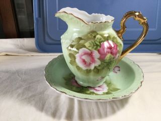 Vintage Lefton China Heritage Green With Roses Small Pitcher And Bowl 4172