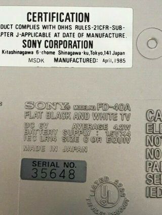 Sony Watchman w/ Case - Flat Black & White TV FD - 40A 5