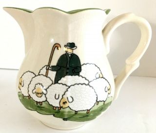 Vintage Zeller Keramik Pitcher Shepherd & Sheep Green & Ivory Germany 5 " H Vguc