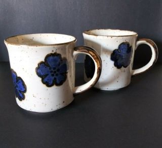 Vintage 70s Speckle Stoneware Ceramic Blue Flower Coffee Tea Mug Cup Set Of 2