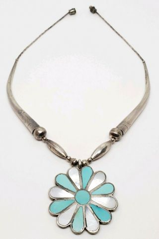 Ornate Vintage Sterling Silver Mop Turquoise Floral Native American Necklace