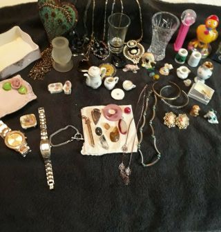 Vintage To Now Junk Drawer With Limoges Miniatures,  Sterling Chains,  Jewelry