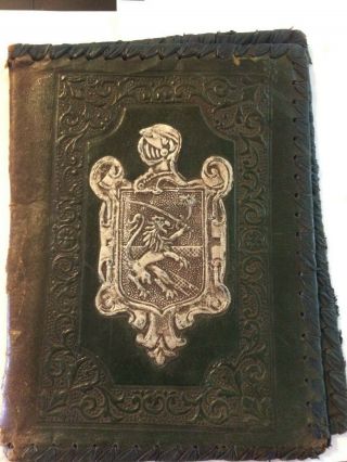 Vintage Leather Book Cover With Knights Shield On Front 9 X 6 1/2 Closed