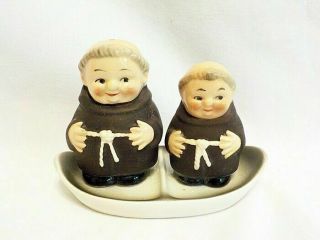 Vintage Goebel Friar Tuck Salt And Pepper Shakers With Under Tray