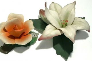 2 Vintage Capodimonte Porcelain Flowers Orange Rose & White & Mauve Tiger Lily