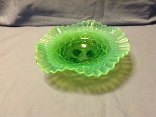 Vintage Green Opalescent Glass Ruffled Edges 4 Footed Bowl Candy Nut Dish