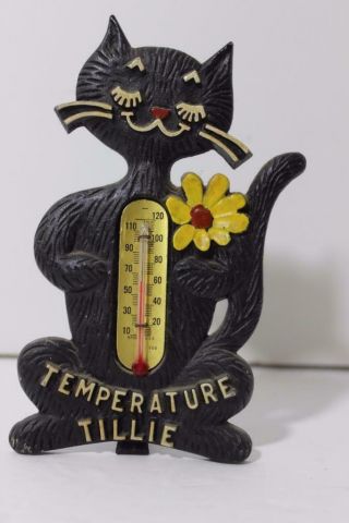 Vintage Cast Iron Temperature Tillie Collectible Thermometer Kitty Cat Adorable