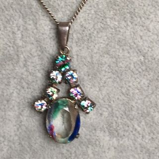Vintage Iridescent Glass Stone Necklace Pendant On Silver Tone Chain