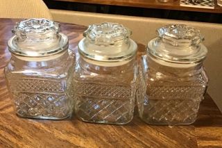 3 Vintage Clear Glass 6.  5”canisters Anchor Hocking Wexford 6.  5” Quilted Diamond