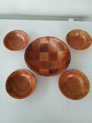 Vintage 5 Piece Wooden Salad Bowl Set Made Of Woven Wood Boho