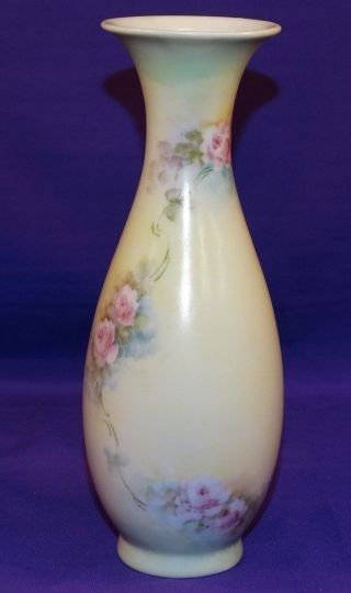 Gorgeous Vintage Hand Painted China Flower Vase With Pink Roses Blue Accents