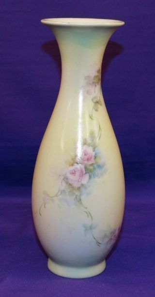GORGEOUS VINTAGE HAND PAINTED CHINA FLOWER VASE WITH PINK ROSES BLUE ACCENTS 3