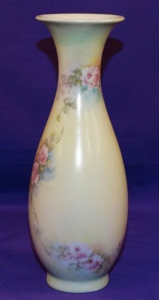 GORGEOUS VINTAGE HAND PAINTED CHINA FLOWER VASE WITH PINK ROSES BLUE ACCENTS 4