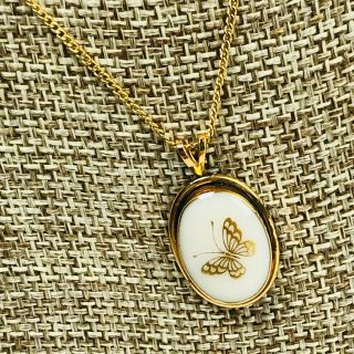 Vintage Lenox Porcelain Butterfly Pendant Necklace Gold Filled 18 Inch Ivory