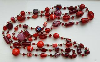 Vintage Art Deco Ornate Red Glass End Of Day Bead Wired Flapper Length Necklace