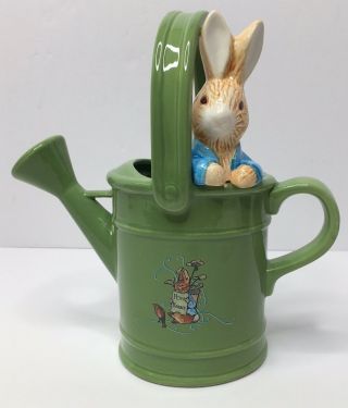 Vintage 1999 Beatrix Potter Teleflora Green Ceramic Peter Rabbit Watering Can