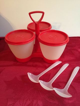 Vintage Tupperware Condiment Caddy Red White Complete With Spoons