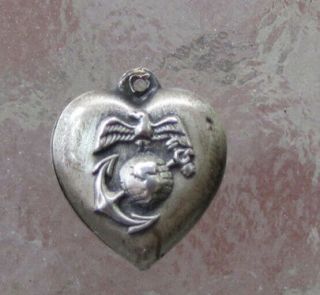 Vintage 1940’s Sterling Puffy Heart Charm W/ Us Marine Corps Eagle Globe Anchor
