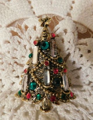 Vintage Hollycraft Christmas Xmas Tree Rhinestone Brooch Pin Signed 2 1/4 "