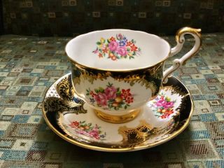 Vintage Paragon Teacup And Saucer Black,  Gold Gilding And Flowers