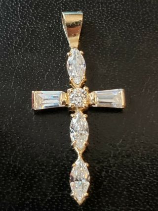 Vintage 14k Solid Yellow Gold & Crystal Stones Cross Signed Pjm 1 1/4 " Long